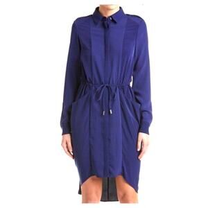Karen Millen Womens Military Shirt Dress Drawstring Waist High Low Blue Size 8